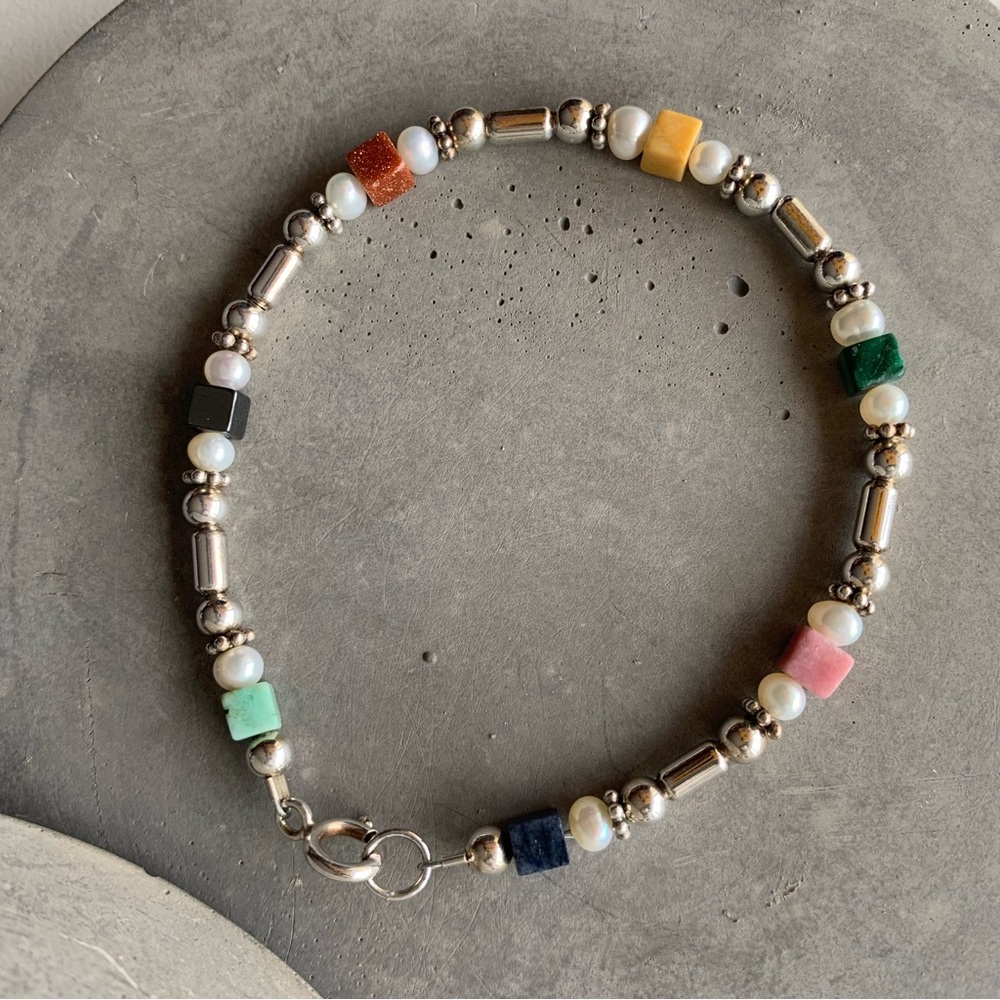 925 Sterling Silver, Freshwater Pearl and 4mm Semi Precious Gemstones Bracelet